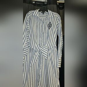 LAUREN RALPH LAUREN WOMENS BLUE WHITE STRIPE L/S CUFFED DRESS COTTON SIZE 8